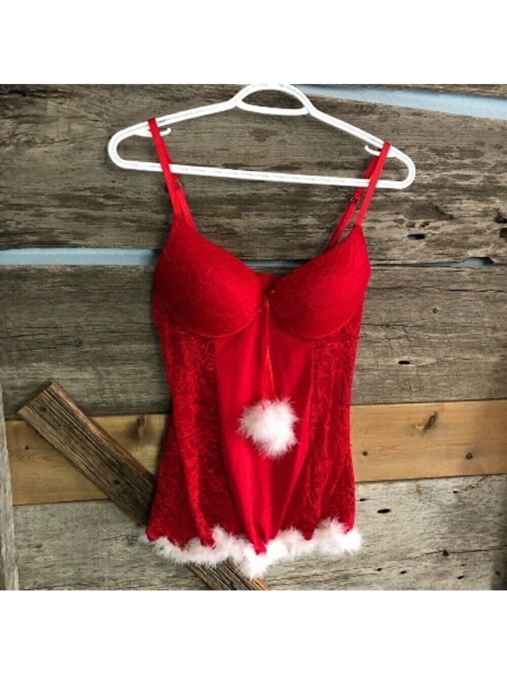 RED lace lingerie, white fuzzy trim size med